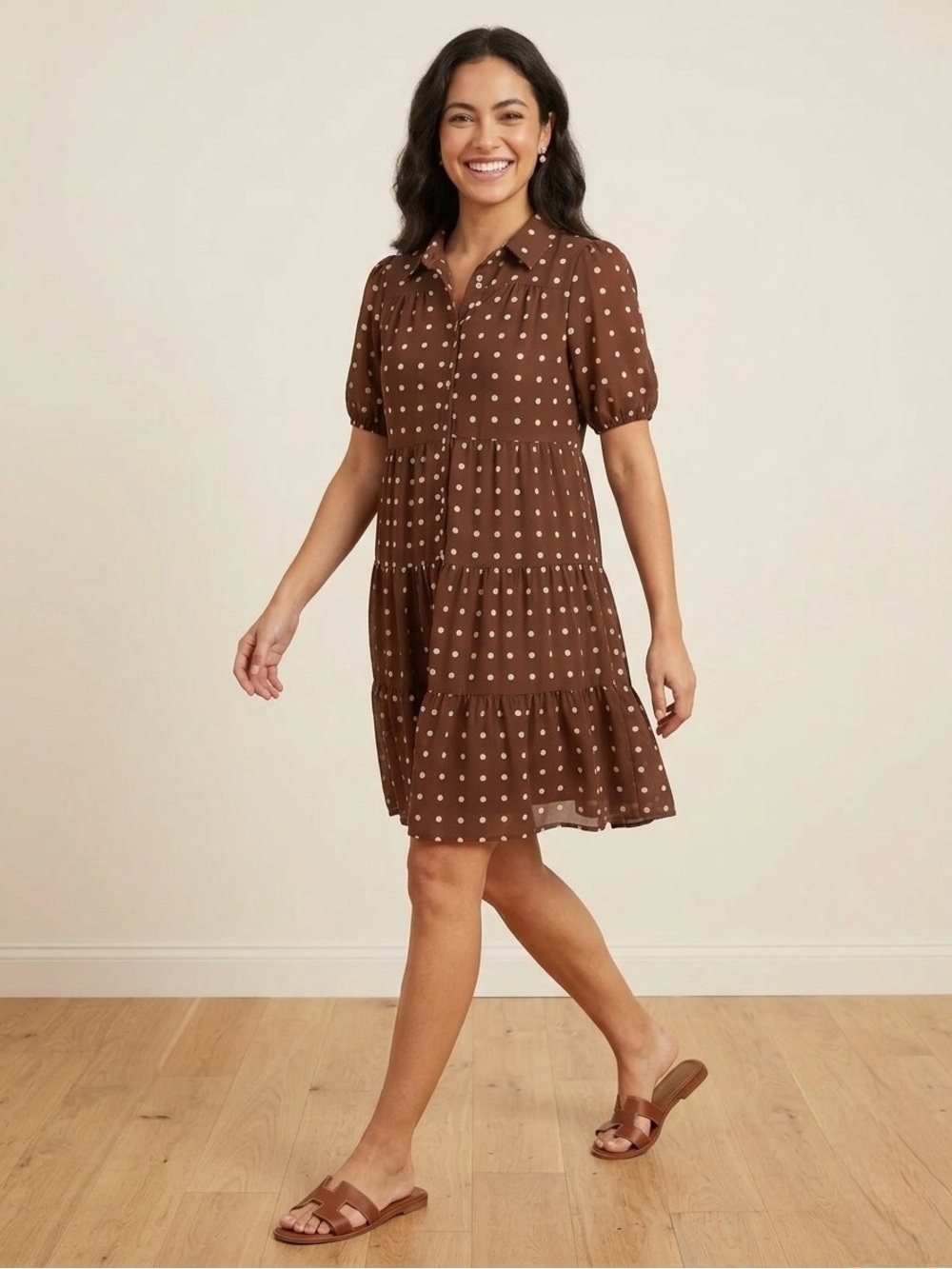 Eliza J Polka Dot Button Down Short Sleeve Tiered Midi Shirt Dress, Size 10